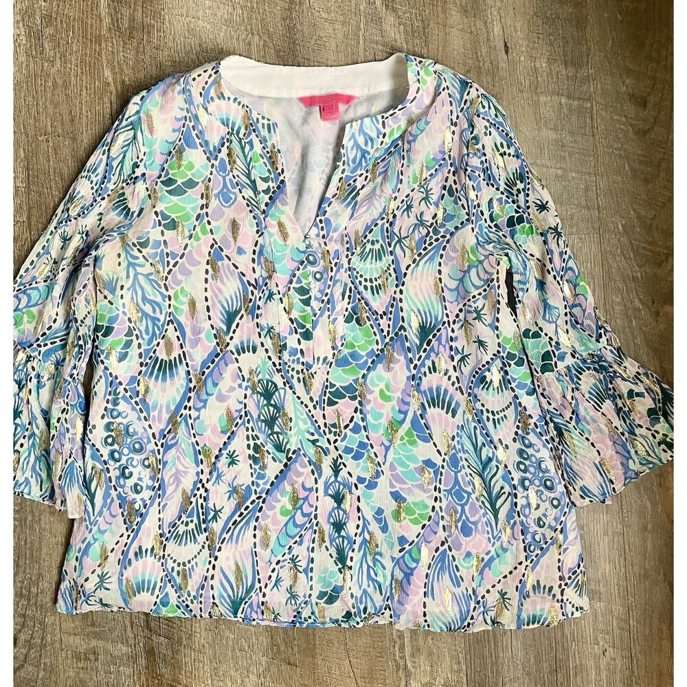 Lilly Pulitzer Elenora Tails of the Sea 3/4 Ruffle Sleeve Blouse Sz S Silk